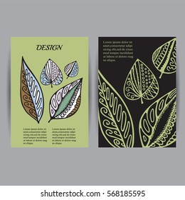 Stock vector set of cartoon hand draw corporate identity vertical banner with isolated leaves. background. template for card