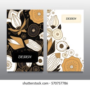 Stock vector set of cartoon hand draw corporate identity vertical banner with leaf and flower. background. template for card