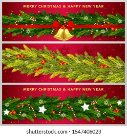 stock vector set of christmas banner on red background. describe christmas poster, greeting cards, header, website. vector illustration background