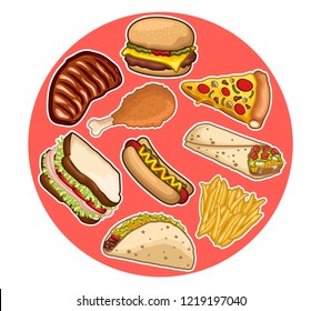 stock vector set in circle pink of fast food menu burger, taco, burritos, sandwich, hotdog, fried chicken, fried fries, steak, and pizza background pattern objects illustration