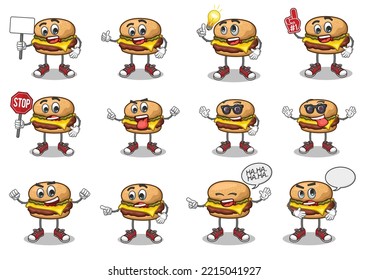 stock vector set of cute burger cartoon mascot with face expression on a white background