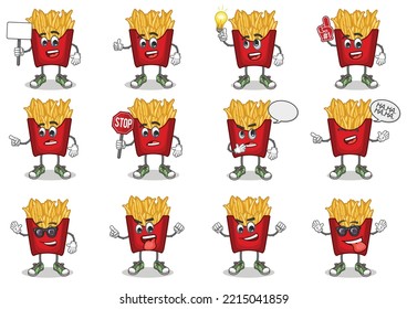 stock vector set of cute french fries cartoon mascot with face expression on a white background