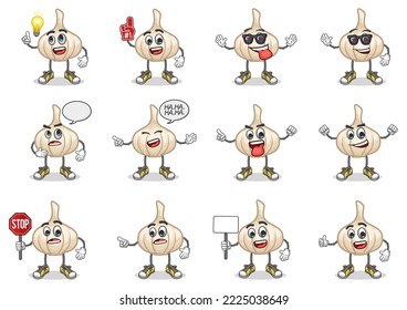 stock vector set of cute garlic cartoon mascot with face expression on a white background