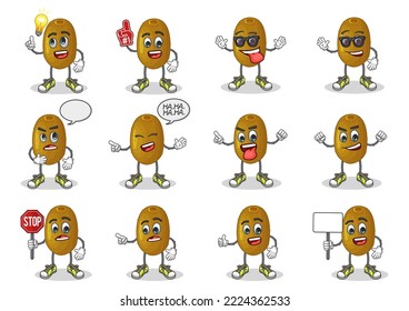 conjunto vectorial de stock de una linda mascota de dibujos animados kiwi con expresión facial en un fondo blanco
