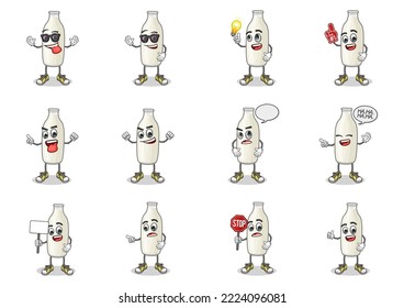 stock vector set of cute milk bottle cartoon mascot with cute pose and expression on a white background