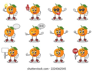 Stock-Vektorset mit süßem orangefarbenem Cartoon-Maskottchen mit Gesichtsausdruck auf weißem Hintergrund