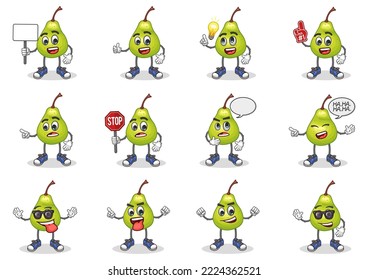 stock vector set of cute pear cartoon mascot with face expression on a white background