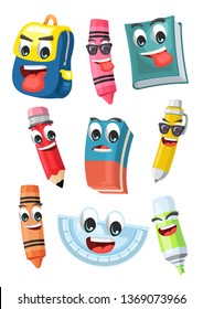 stock vector set cute school supplies  cartoon with emoji graphic object illustration