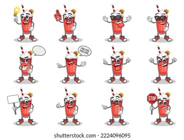 stock vector set of cute strawberry milkshake cartoon mascot with cute pose and expression on a white background