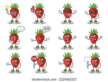 stock vector set of cute strawberry cartoon mascot with face expression on a white background