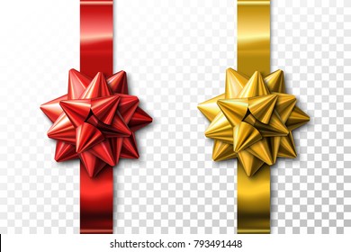 Stock Vector set of decorative colorful bows with ribbons for holiday gift decoration isolated on transparent background. Red and gold ribbons