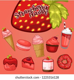stock vector set of delicious desserts strawberry flavors, sweets strawberry ice cream, cupcake, donut, cherry, cake, milkshake, cookie, soft cake, macaroons