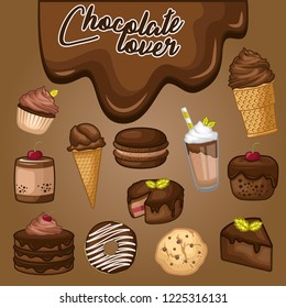 stock vector set of delicious desserts, sweets chocolate ice cream, cupcake, donut, cherry, cake, milkshake, cookie, soft cake, macaroons for chocolate lovers