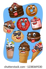 stock vector set of dessert emoticon cartoon character mascot. cute character face isolated vector illustration