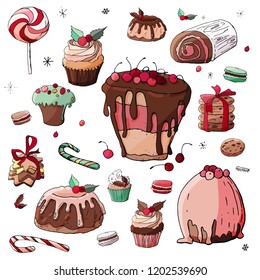 Stock vector set of different  christmas and winter desserts and sweets with chocolate, holly berries and snowflakes. Isolated hand drawn festive food illustration with christmas decoration. 