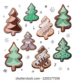 Stock vector set of different christmas sweet desserts, christmas tree cookies and gingerbreads with decoration and snowflakes. Isolated and hand drawn new year background. Christmas card. 