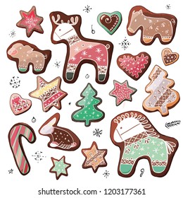 Stock vector set of different christmas sweet desserts, cookies and gingerbreads with decoration and snowflakes. Isolated and hand drawn new year background. Christmas card. 