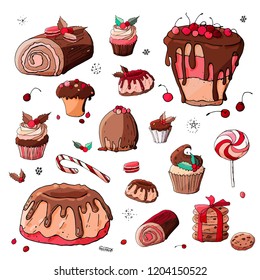 Stock vector set of different  christmas and winter desserts and sweets with chocolate, holly berries and snowflakes. Isolated hand drawn festive food illustration with christmas decoration. 