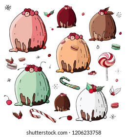 Stock vector set of different  christmas and winter dessert cakes with colorful chocolate, holly berries and snowflakes. Isolated hand drawn festive food illustration with christmas decoration. 