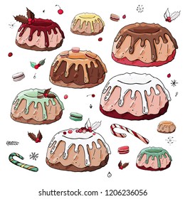 Stock vector set of different  christmas and winter dessert cakes with colorful chocolate cover, holly berries and snowflakes. Isolated hand drawn festive food illustration with christmas decoration. 