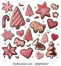 Stock vector set of different pink chocolate christmas sweet desserts, cookies and gingerbreads with decoration and snowflakes. Isolated and hand drawn doodle new year background. Christmas card. 