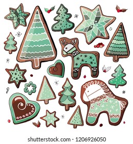 Stock vector set of different traditional green christmas sweet desserts, cookies and gingerbreads with decoration and snowflakes. Isolated and hand drawn new year doodle background. Christmas card. 