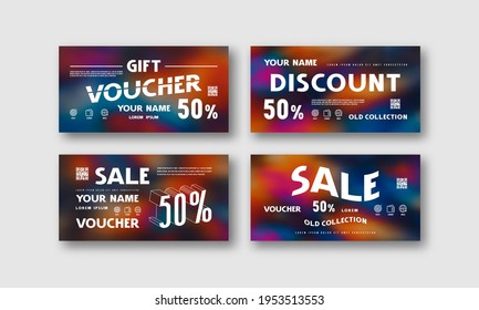 Stock vector set of discount voucher template. Printed on color hand painted psychedelic tie dye blurred background