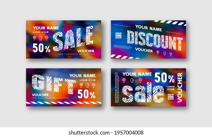 Stock vector set of discount voucher template. Printed on color hand painted psychedelic tie dye blurred background