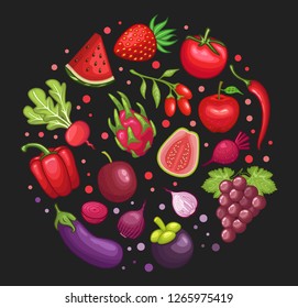 stock vector set of exotic red, purple vegetables and fruits green variety graphic object illustration in dark background