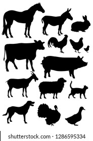 stock vector set farm animals silhouettes collection Isolated on white