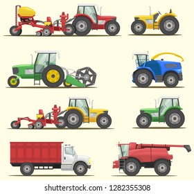 stock vector set farm machinery, agricultural industrial equipment vehicles and farm machines, tractors and truck graphic object illustration