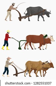 stock vector set of farmers plow the field with oxen, cattle, and carabao. cartoon background nature concept. graphic object illustration isolated on the white background