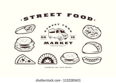 Stock vector set of fast food icons and elements. Design in thin line style. Black print on white background