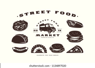Stock vector set of fast food icons and design elements. Black print on white backdrop