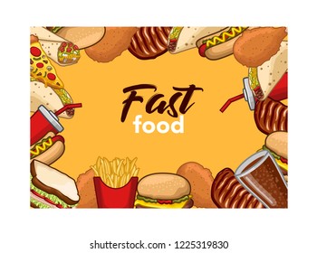 Stock Vector Set of fast food and drink object Illustration in yellow background