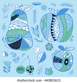 stock vector set of fruit with cherry, pear, peach, apple, leaf and flower. hand draw doodle pattern