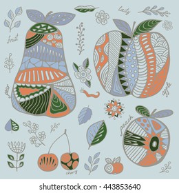 stock vector set of fruit with cherry, pear, peach, apple, leaf and flower. hand draw doodle pattern