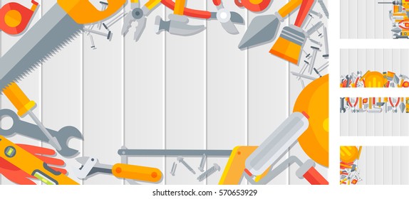 Stock vector set horizontal background for banner, printed materials, Labor Day card, corporate identity, website design element, header, flyer, advertising items, building tools repair kit flat style
