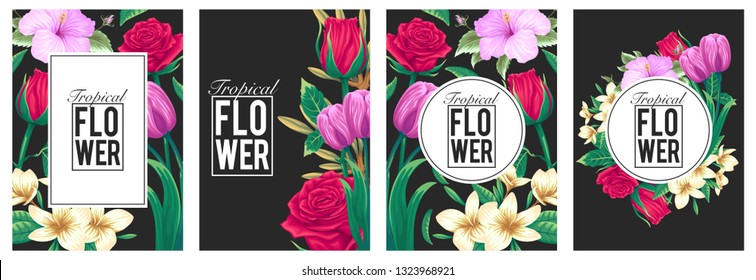 stock vector set of invitation card template design with exotic tropical flowers in black background illustration
