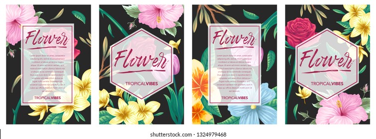 Stock vector set of invitation card template design with exotic tropical flowers in black background illustration