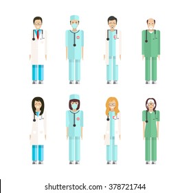 Stock Vector Set Of Isolated Characters, Doctor, Nurses, Male Nurse, Ambulance, Therapists Of Polyclinics, Medical Staff Of Clinic Flat Style For Icon, Website, Printed Material White Background