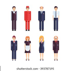 Stock Vector Set Of Isolated Characters, Hotel Staff, Administrator, Animator, Barman, Maid, Director, Concierge, Porter, Registration Statement In Flat Style  For Icons, Websites, Printed Materials