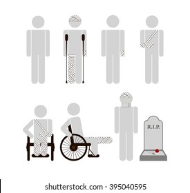 Stock vector set of isolated characters, disabled, bandaged hands, legs, head, neck, consequences on crutches, wheelchair in flat style  for icons, websites, printed materials, games, motion design