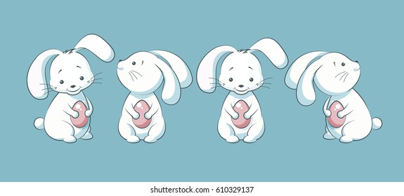 Stock Vector set isolated illustration happy character white Easter Bunny holding colored egg, rabbit hare on blue background for printed materials, postcard greeting, festive menu, card flyer, banner