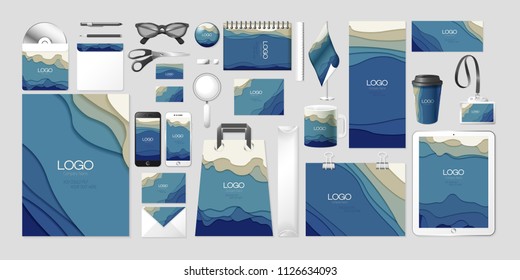 Stock vector set kit collection corporate identity mockup mock up abstract multilayer wave design shapes branding modern style creative pattern brand style concept presentation element background