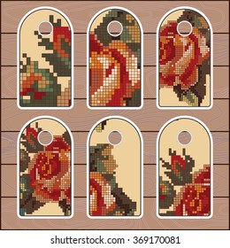 stock vector set of label with floral pattern on the wood background. template