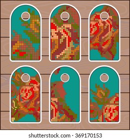 stock vector set of label with floral pattern on the wood background. template