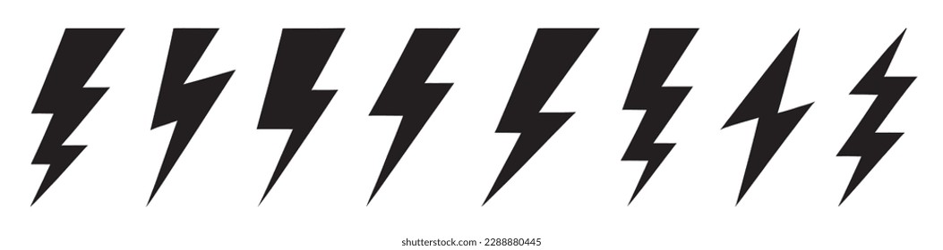 A Stock Vector Set of Lightning Bolts Is Portrayed in a Flat Style, Also Known as Thunderbolts.