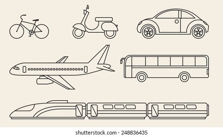 Stock vector of a set of linear graphics icons different personal and public transport/Line graphics set of different personal and public transport/Stock illustration of a set of linear graphics