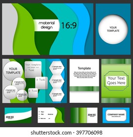Stock vector set of modern brochures with material design template, frames and backgrounds. Use for A4 flyers, signs, elements, web sites, business cards